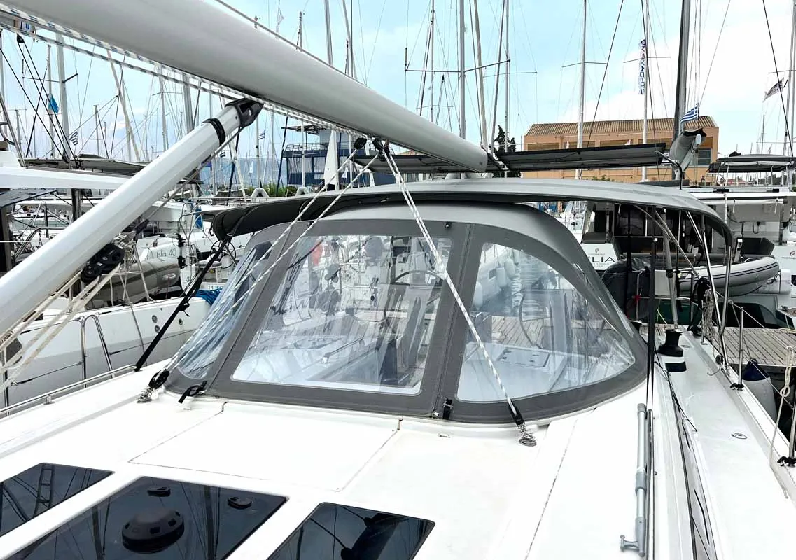 Deck of Penelope, a Bavaria C46 sailboat at Municipal Unit of Lefkada, Greece
