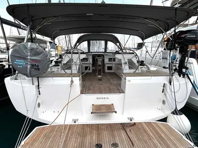 Cockpit of Penelope, a Bavaria C46 sailboat at Municipal Unit of Lefkada, Greece