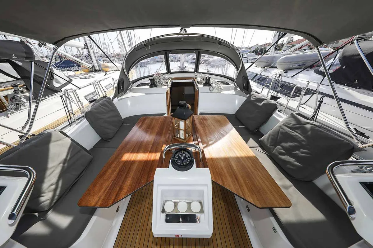 Cockpit of Studio 963, a Bavaria Cruiser 46 Style sailboat at Grad Biograd na Moru, Croatia