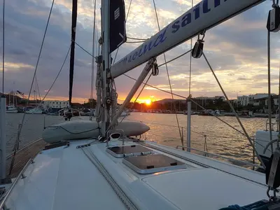 Deck of Kyknos, a Bavaria 50 sailboat at Volos, Greece