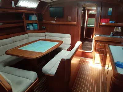 Salon of Kyknos, a Bavaria 50 sailboat at Volos, Greece