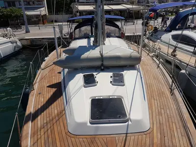 Deck of Kyknos, a Bavaria 50 sailboat at Volos, Greece