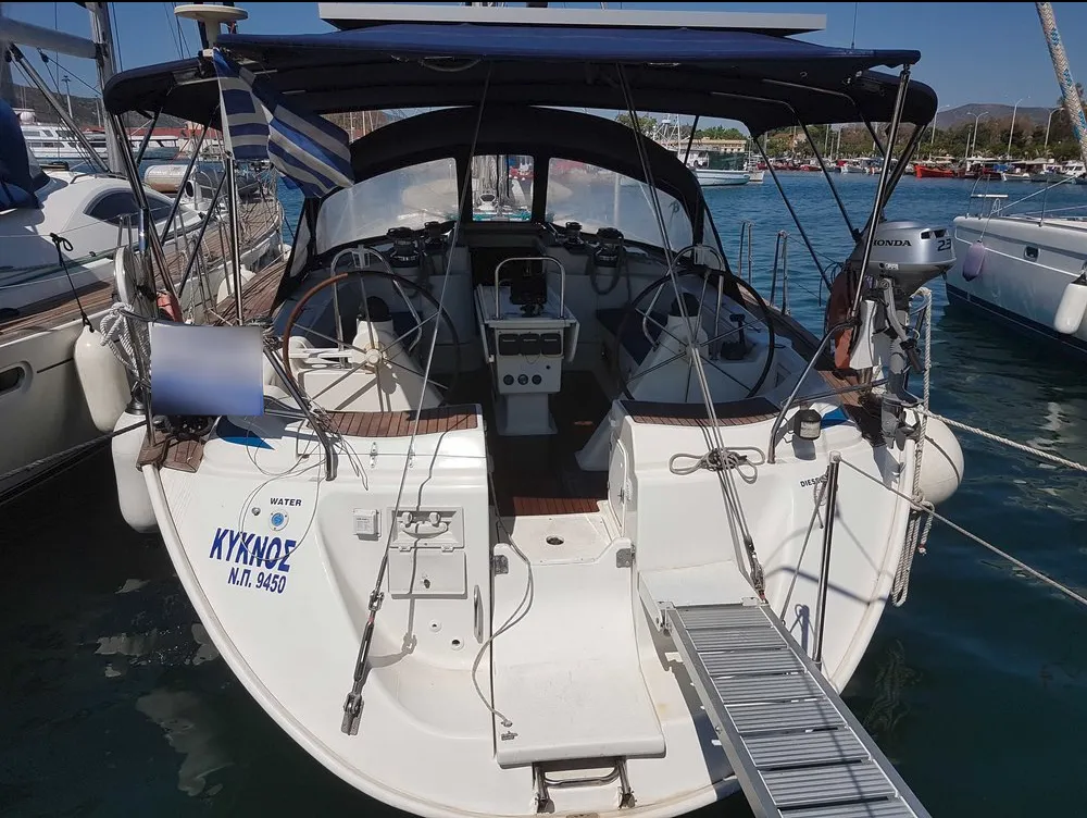 Exterior view of Kyknos, a Bavaria 50 sailboat at Volos, Greece