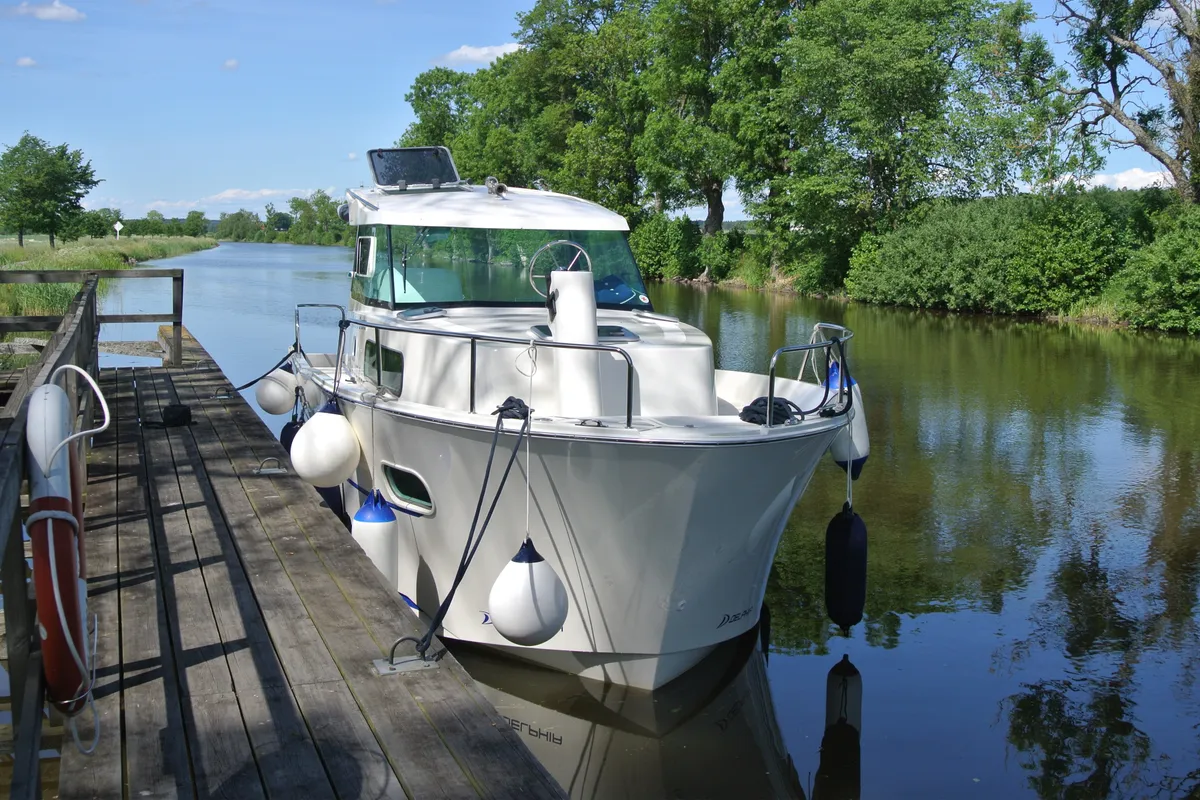 Exterior view of Liv, a Delphia Escape 800 motorboat at Motala, Sweden