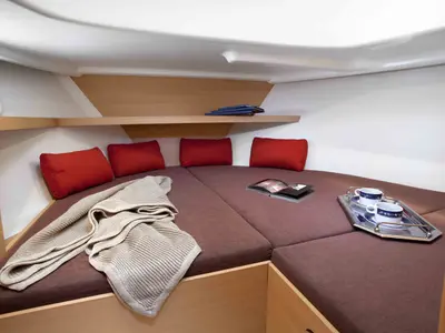 Cabin on Liv, a Delphia Escape 800 motorboat at Motala, Sweden