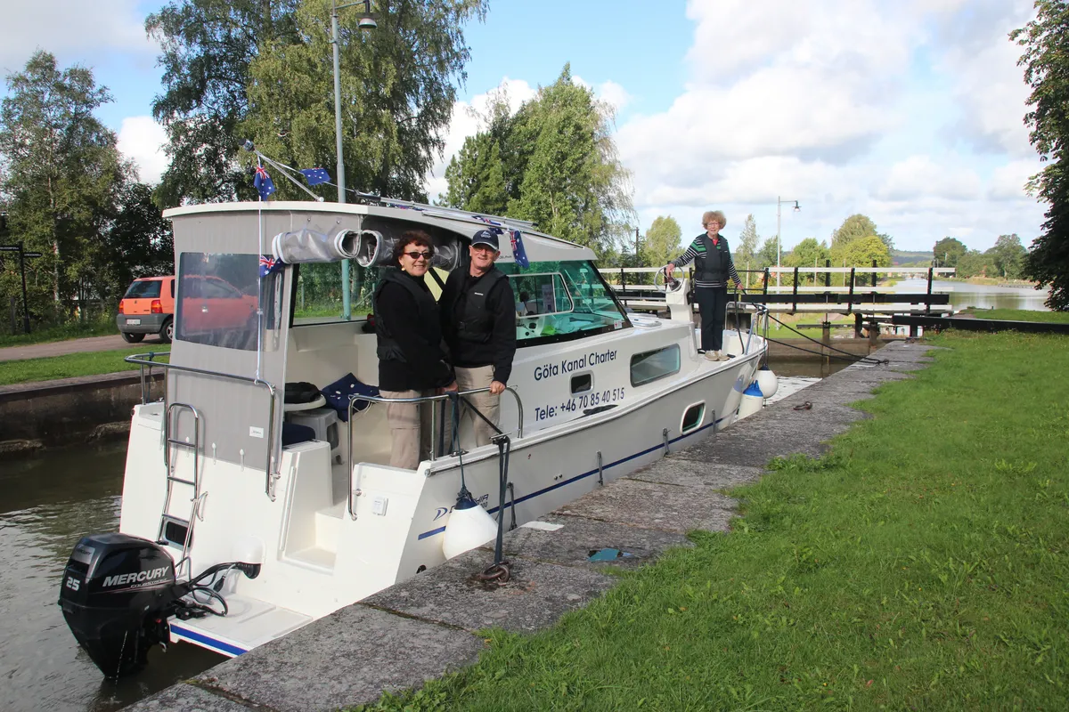 Exterior view of Liv, a Delphia Escape 800 motorboat at Motala, Sweden