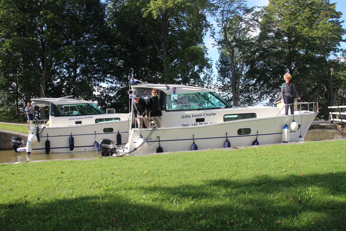 Exterior view of Liv, a Delphia Escape 800 motorboat at Motala, Sweden