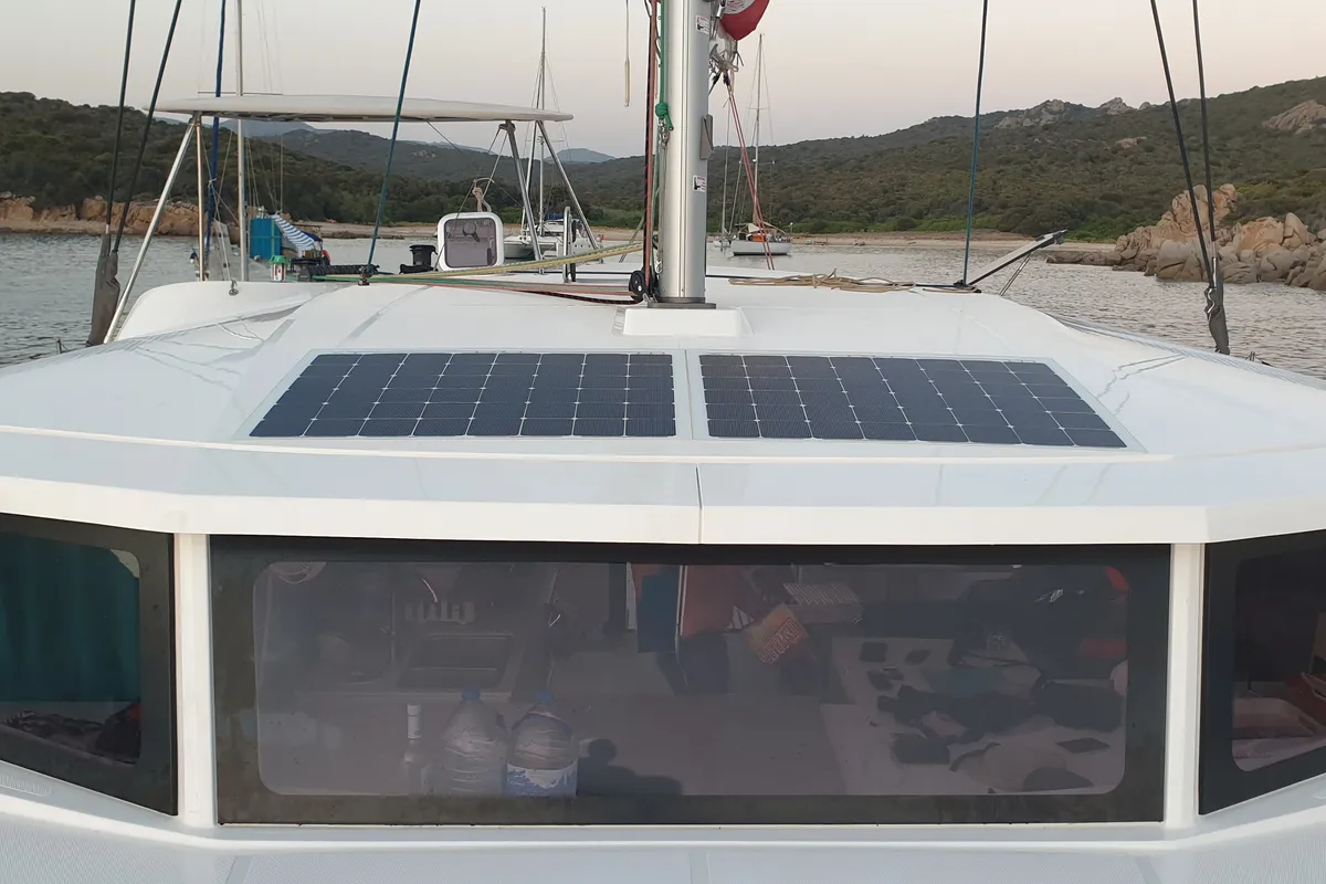 Deck of Sardinia, a NEEL 43 sailboat at U Pàize, Italy