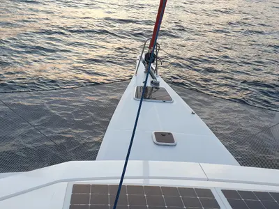 Deck of Sardinia, a NEEL 43 sailboat at U Pàize, Italy