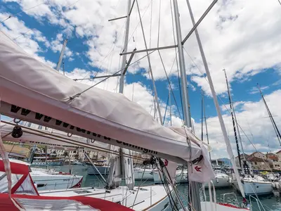 Deck of Lampuga, a Beneteau Oceanis 35.1 sailboat at Split, Croatia