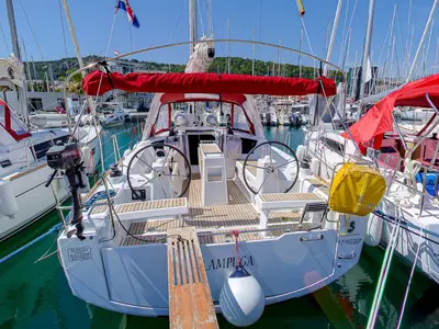 Cockpit of Lampuga, a Beneteau Oceanis 35.1 sailboat at Split, Croatia