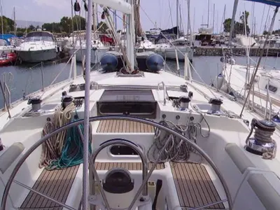 Cockpit of Sweet Sue II, a Jeanneau Sun Odyssey 47 sailboat at Athens, Greece