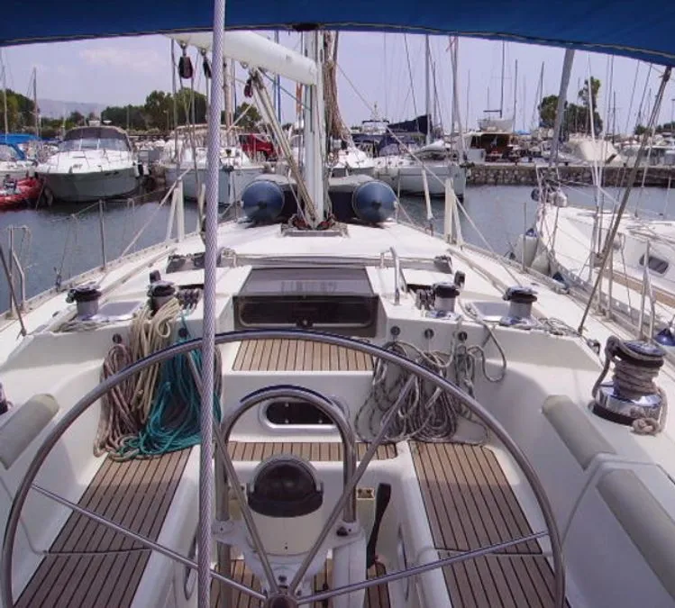 Cockpit of Sweet Sue II, a Jeanneau Sun Odyssey 47 sailboat at Athens, Greece