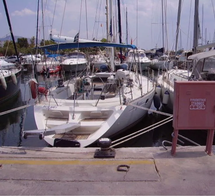 Exterior view of Sweet Sue II, a Jeanneau Sun Odyssey 47 sailboat at Athens, Greece