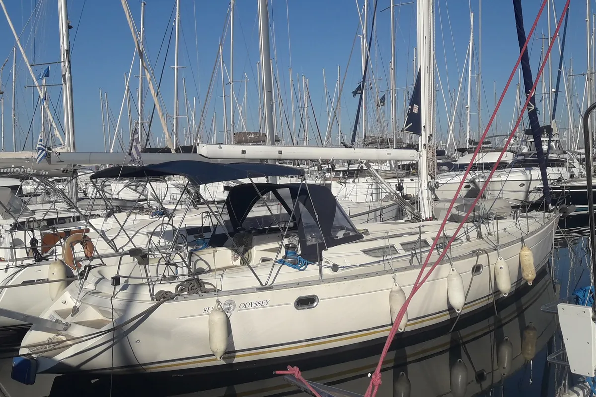 Exterior view of Sweet Sue II, a Jeanneau Sun Odyssey 47 sailboat at Athens, Greece