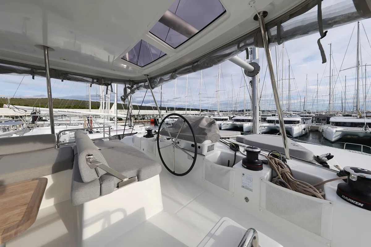 Cockpit of ZARATHUSTRA, a Lagoon 51 catamaran at Sukošan, Croatia
