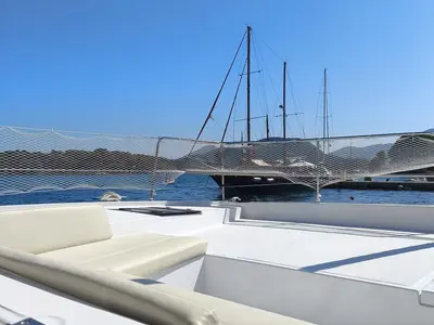 Deck of Bali 4.2, a catamaran at Ellomenos, Greece