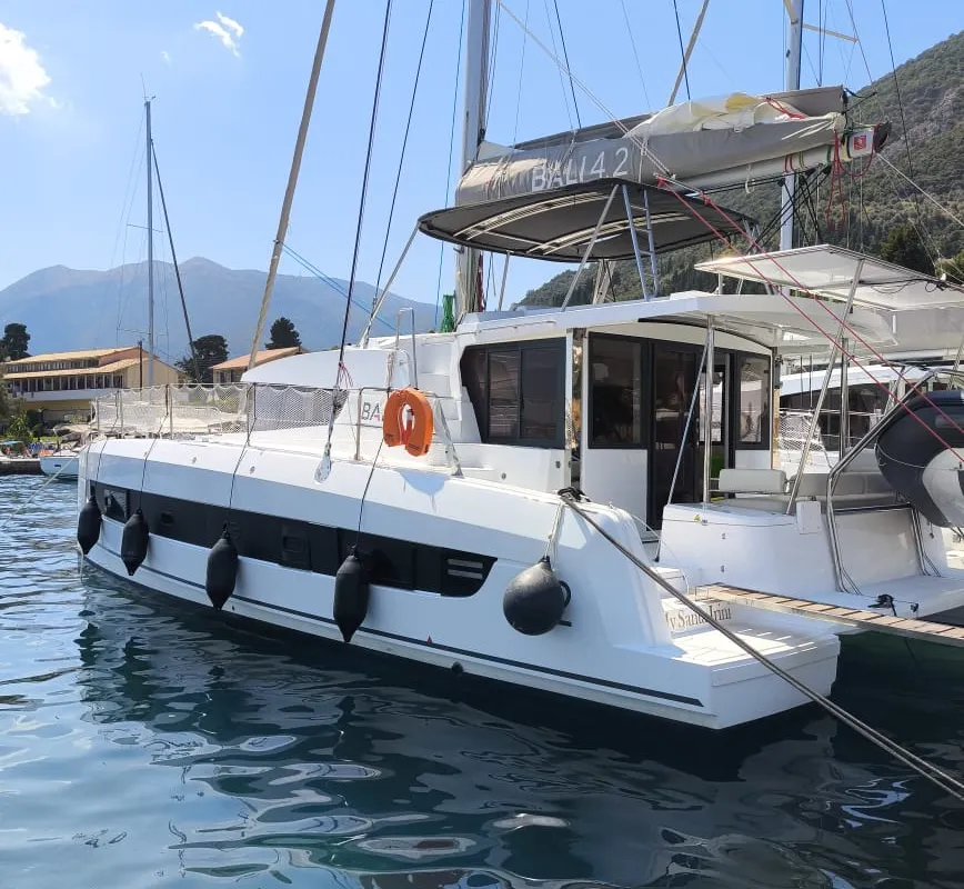 Exterior view of Bali 4.2, a catamaran at Ellomenos, Greece