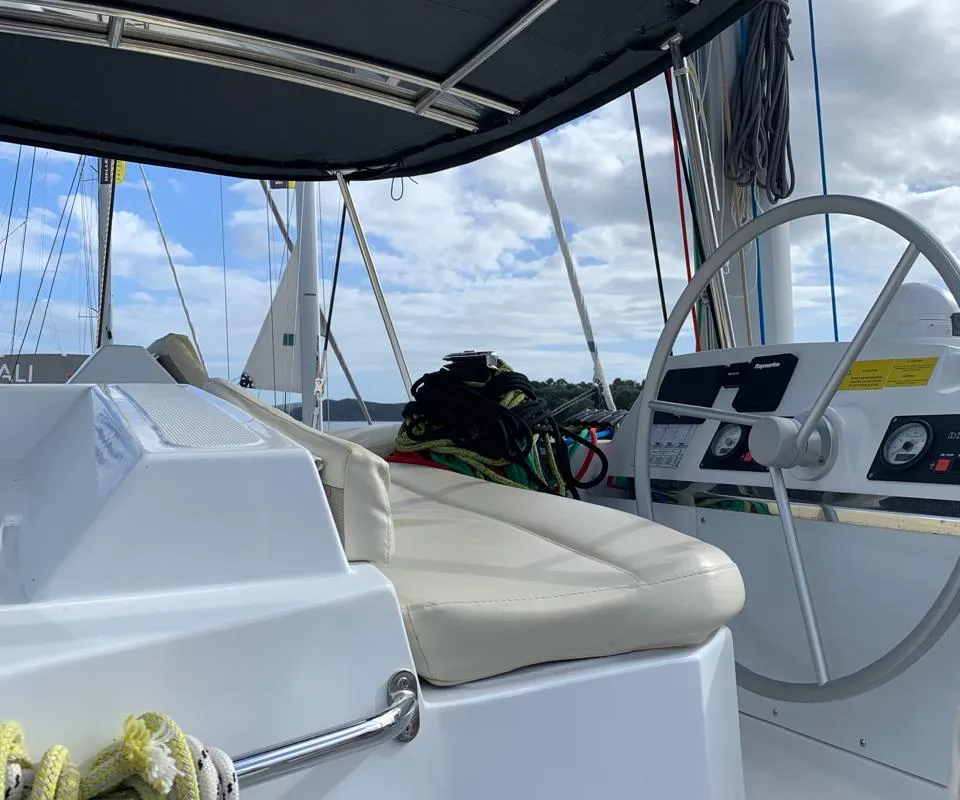 Cockpit of Bali 4.2, a catamaran at Ellomenos, Greece