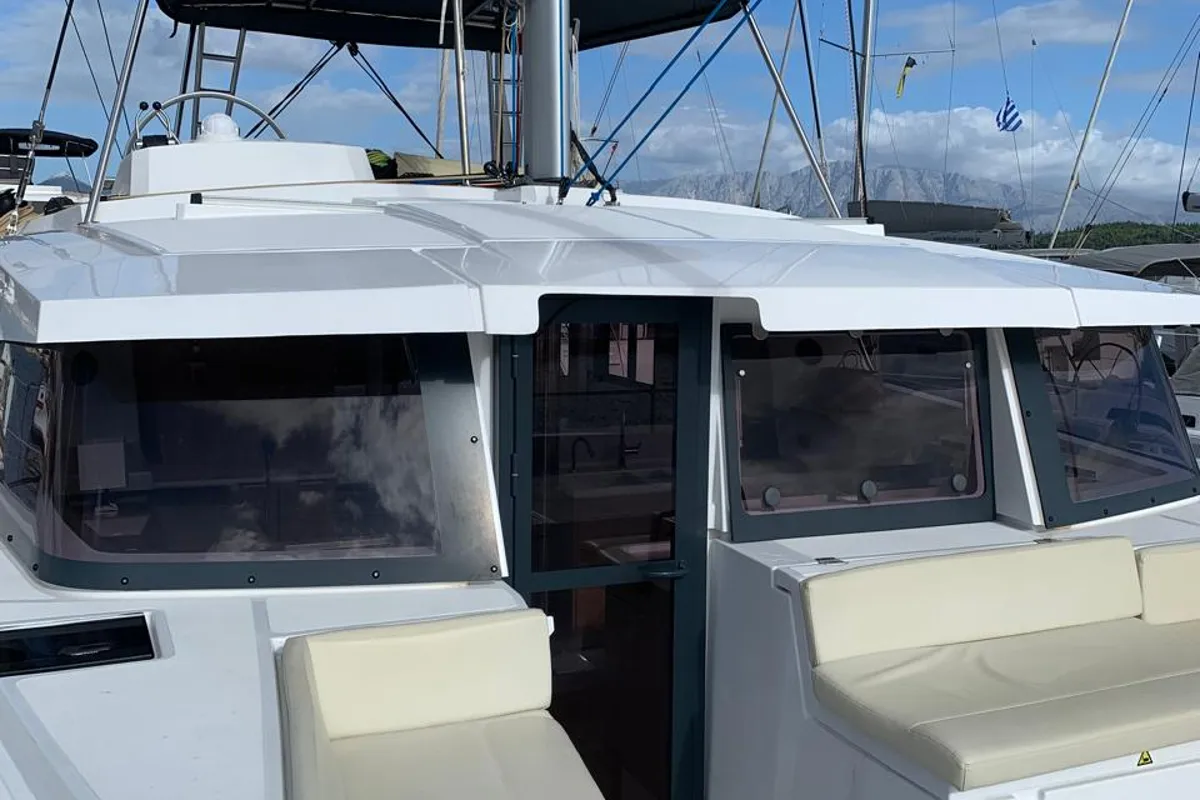 Deck of Bali 4.2, a catamaran at Ellomenos, Greece