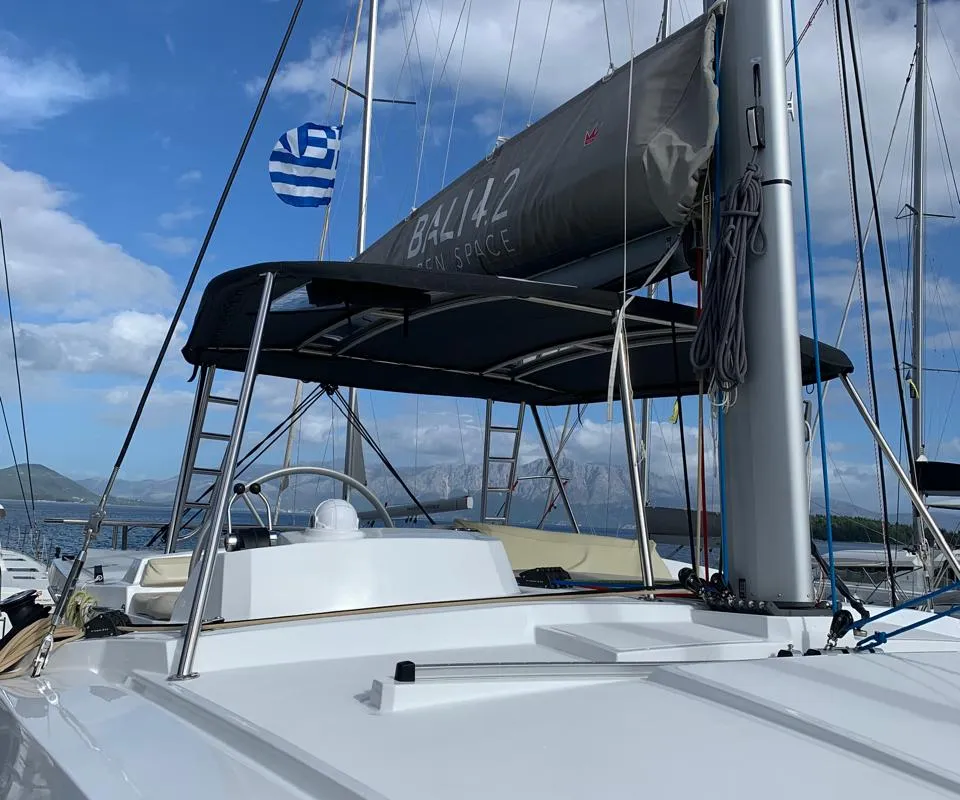 Deck of Bali 4.2, a catamaran at Ellomenos, Greece