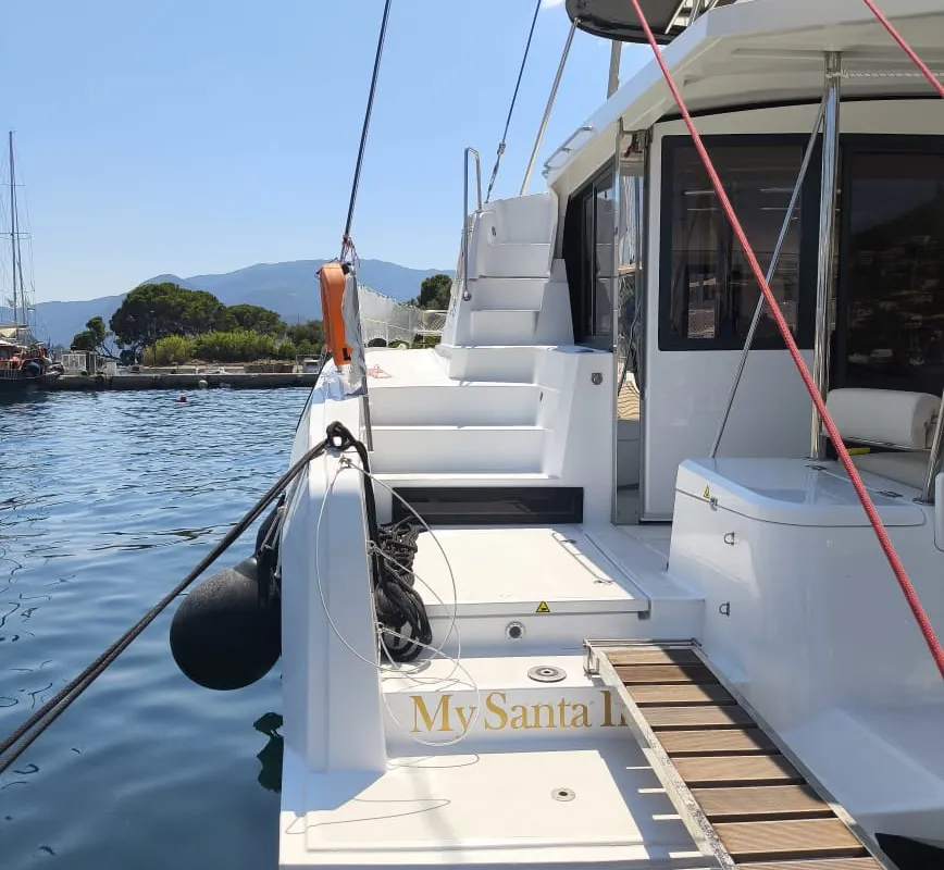 Exterior view of Bali 4.2, a catamaran at Ellomenos, Greece