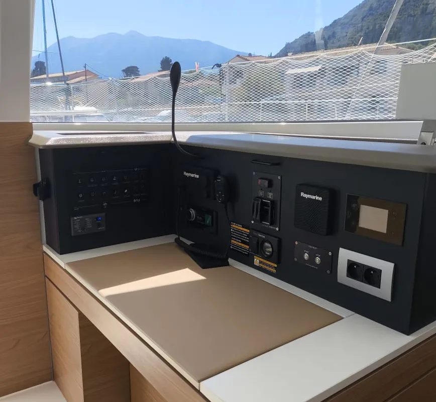 Cockpit of Bali 4.2, a catamaran at Ellomenos, Greece