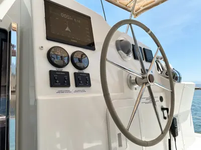 Cockpit of Portofino, a Fountaine Pajot Isla 40 catamaran at Fethiye, Turkey
