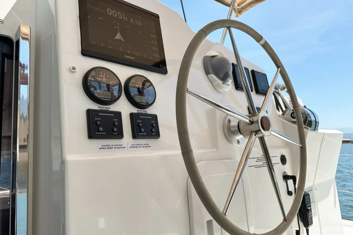 Cockpit of Portofino, a Fountaine Pajot Isla 40 catamaran at Fethiye, Turkey