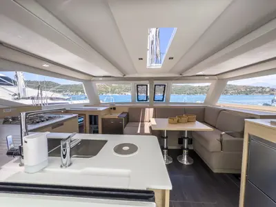 Salon of Portofino, a Fountaine Pajot Isla 40 catamaran at Fethiye, Turkey
