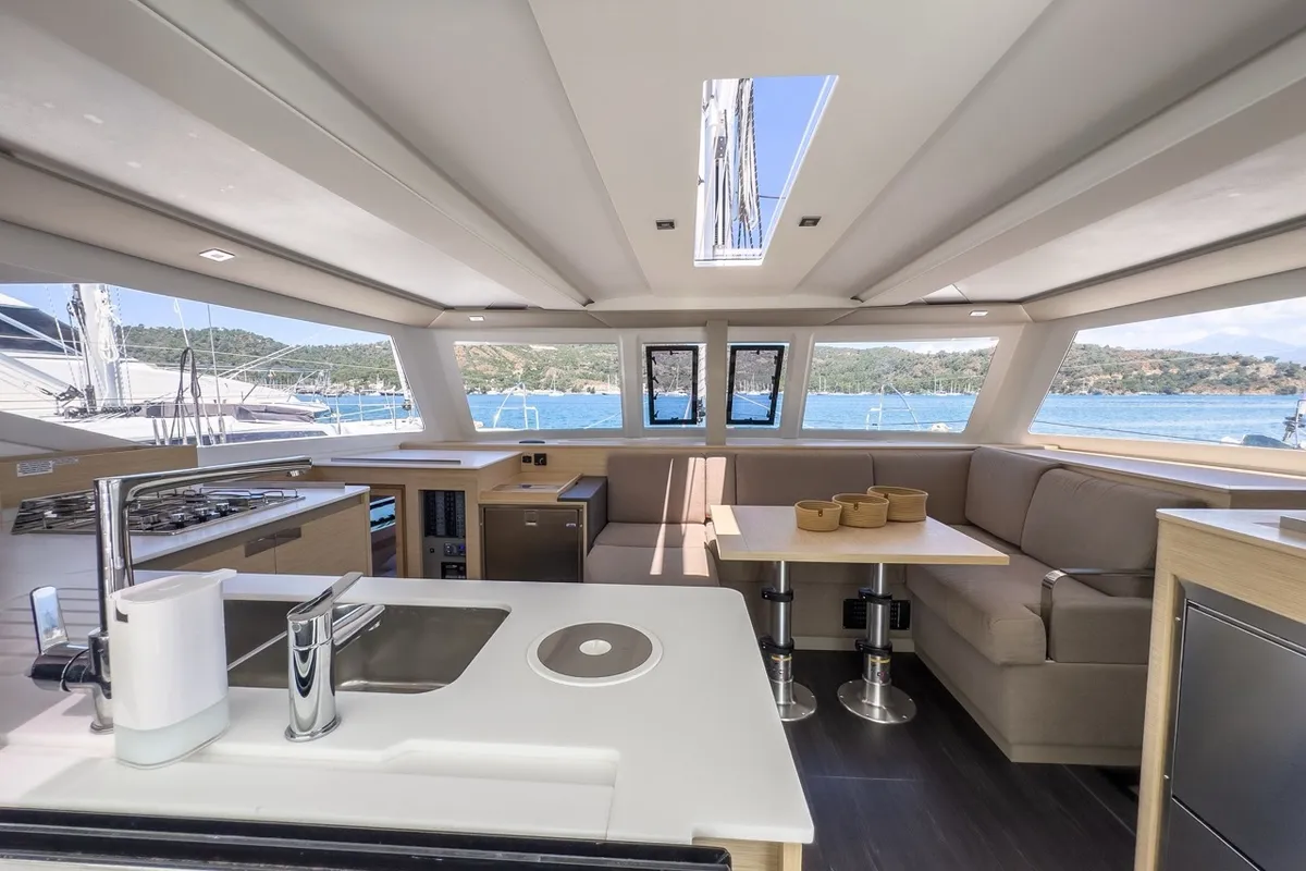 Salon of Portofino, a Fountaine Pajot Isla 40 catamaran at Fethiye, Turkey