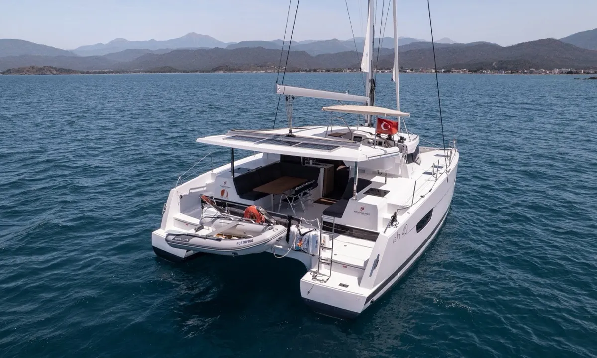 Exterior view of Portofino, a Fountaine Pajot Isla 40 catamaran at Fethiye, Turkey