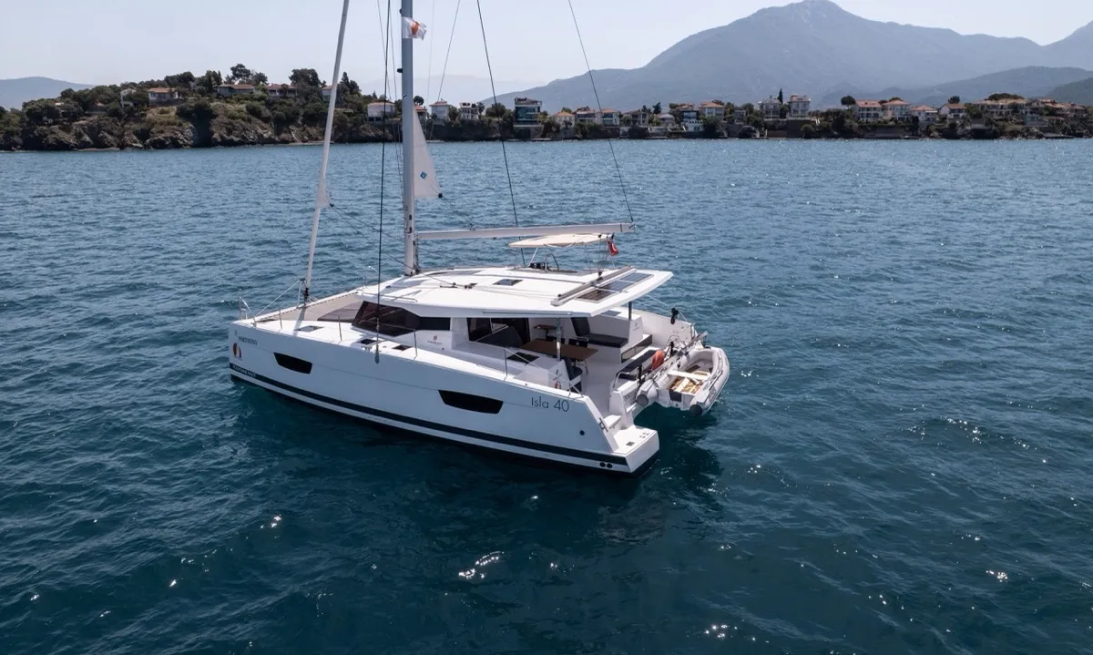 Exterior view of Portofino, a Fountaine Pajot Isla 40 catamaran at Fethiye, Turkey
