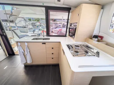 Galley of Portofino, a Fountaine Pajot Isla 40 catamaran at Fethiye, Turkey