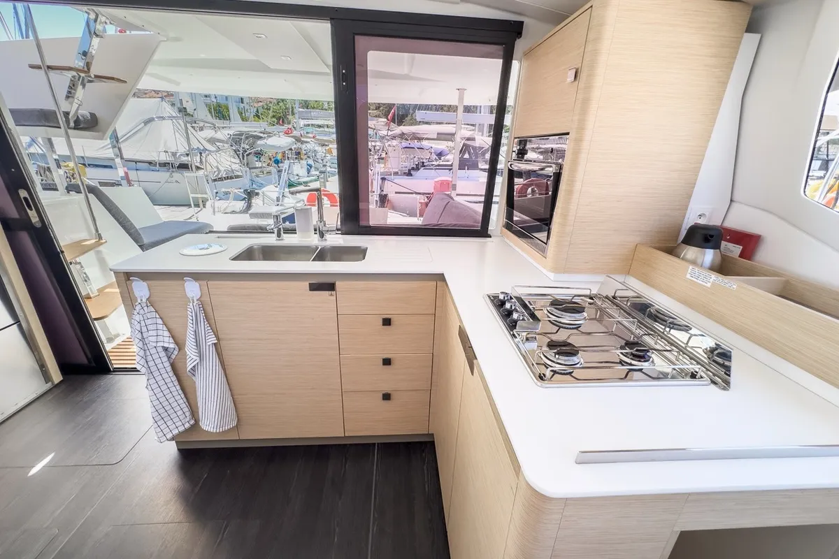 Galley of Portofino, a Fountaine Pajot Isla 40 catamaran at Fethiye, Turkey