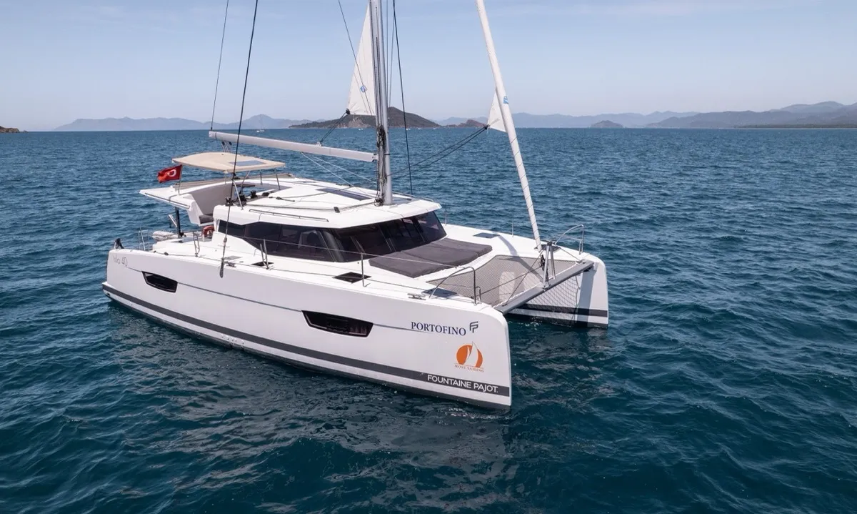Exterior view of Portofino, a Fountaine Pajot Isla 40 catamaran at Fethiye, Turkey