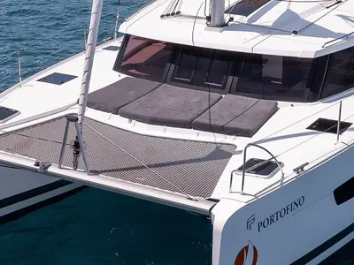 Deck of Portofino, a Fountaine Pajot Isla 40 catamaran at Fethiye, Turkey