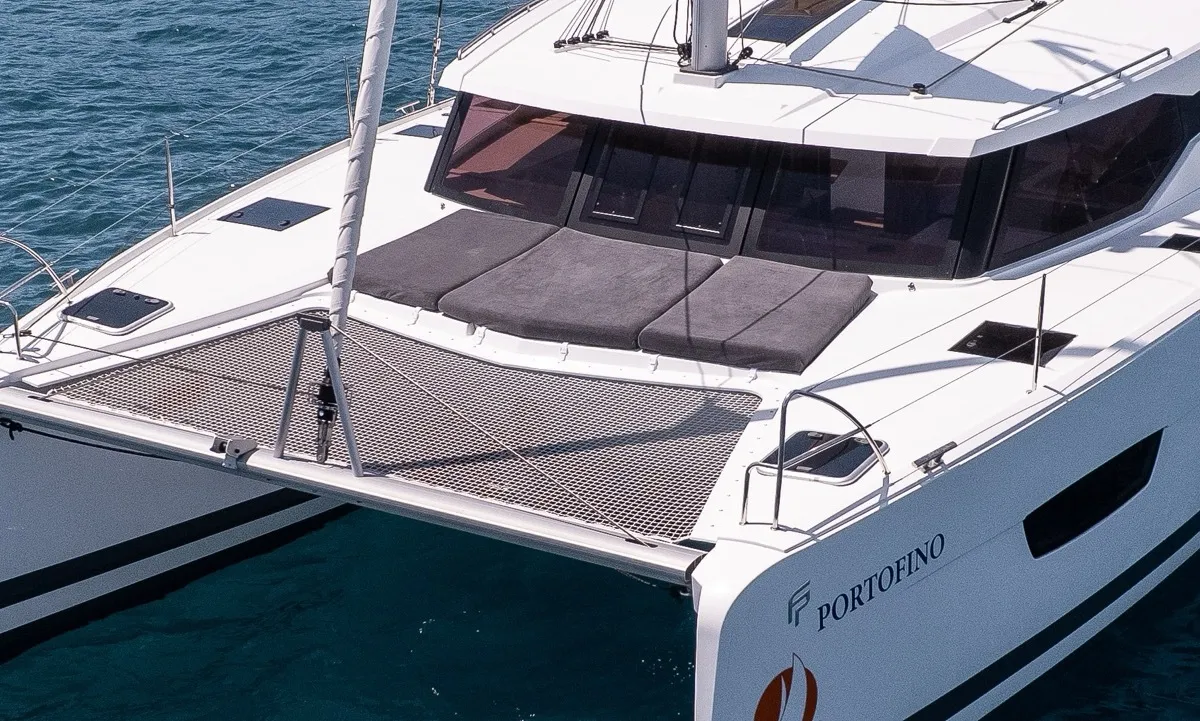 Deck of Portofino, a Fountaine Pajot Isla 40 catamaran at Fethiye, Turkey