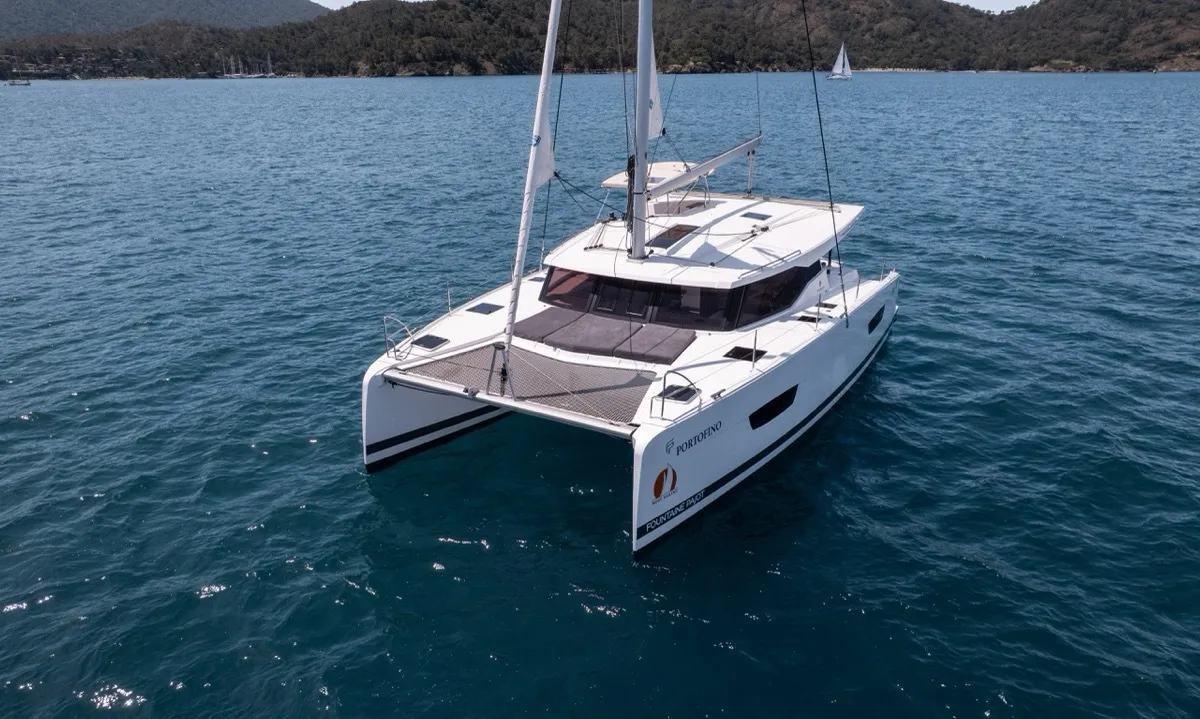 Exterior view of Portofino, a Fountaine Pajot Isla 40 catamaran at Fethiye, Turkey
