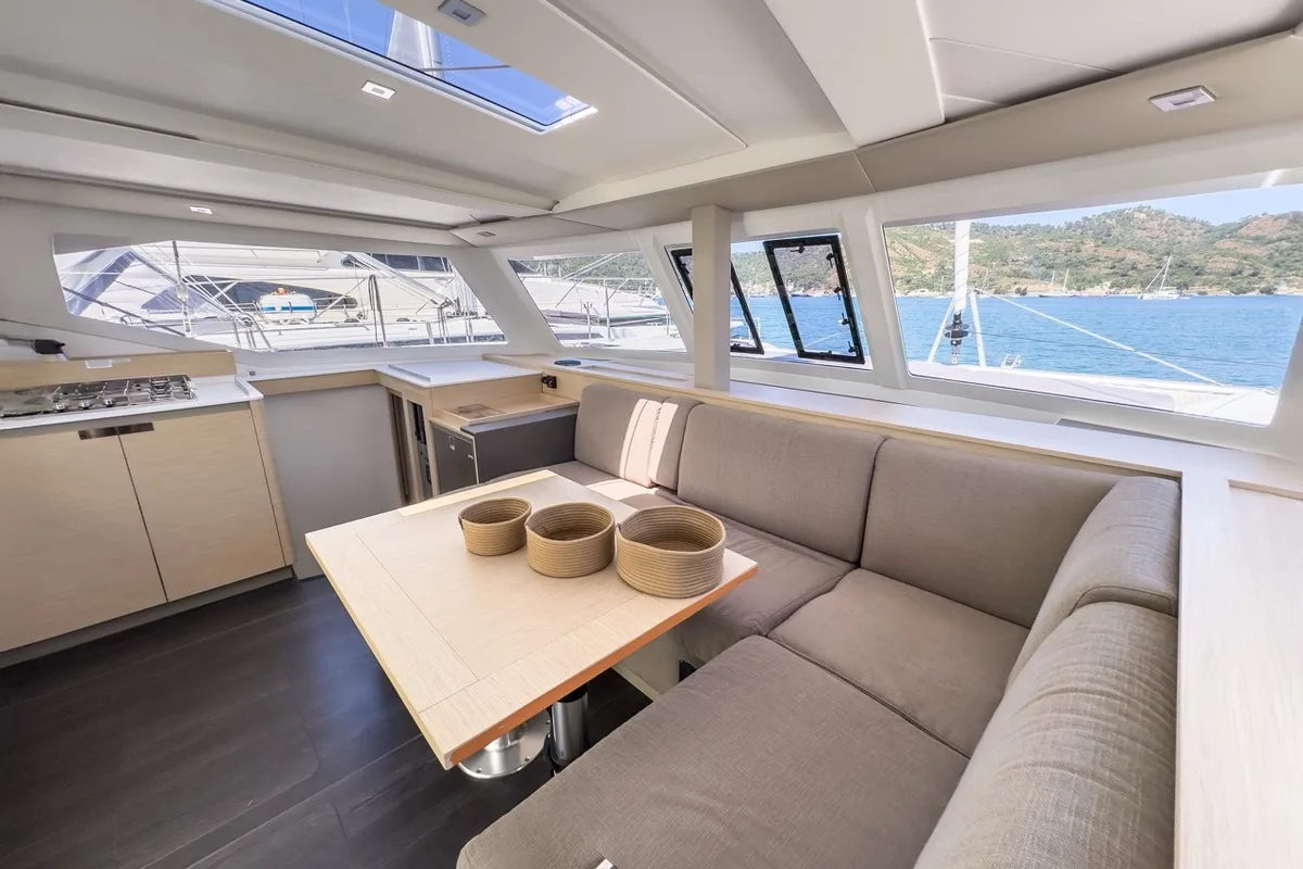 Salon of Portofino, a Fountaine Pajot Isla 40 catamaran at Fethiye, Turkey