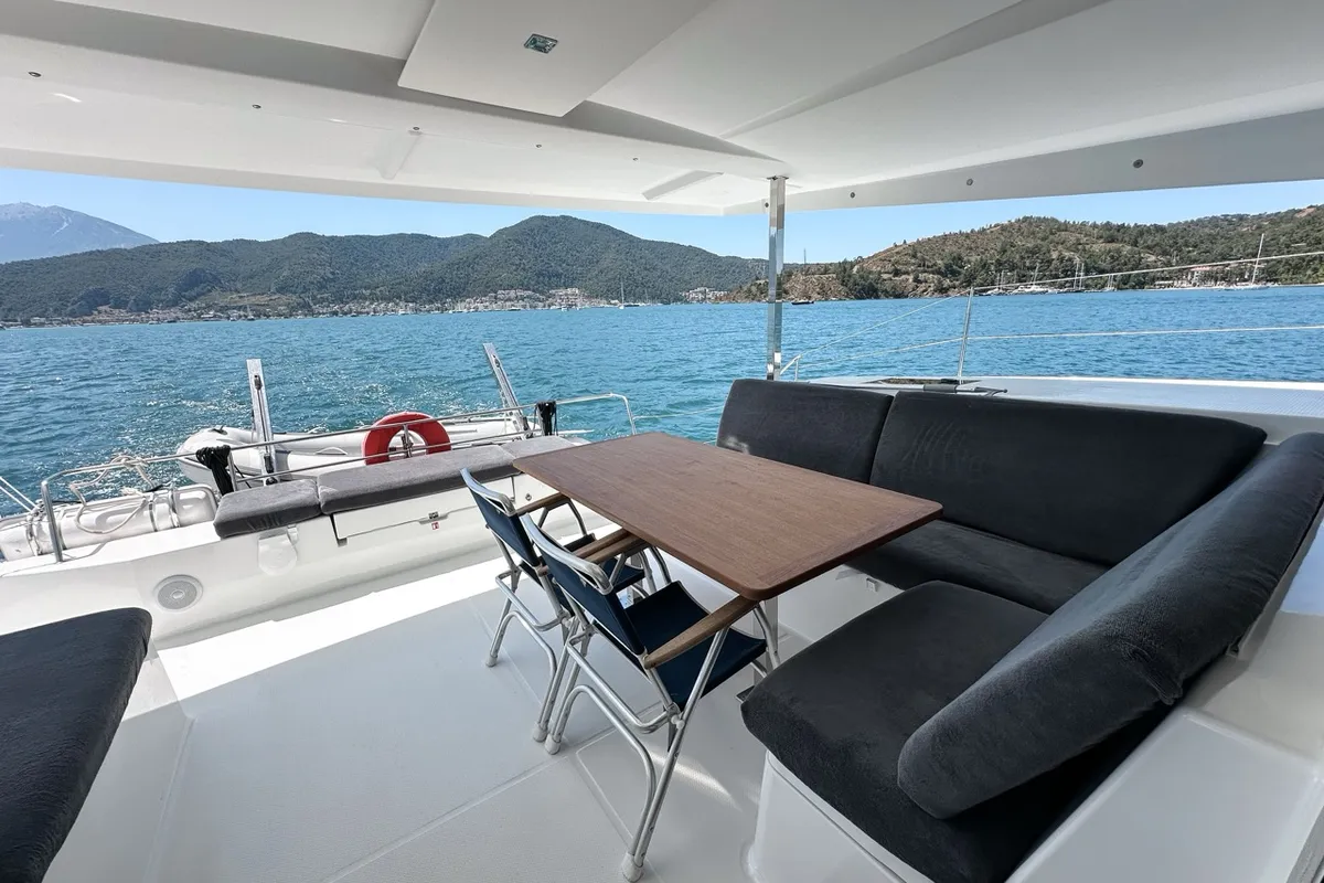 Deck of Portofino, a Fountaine Pajot Isla 40 catamaran at Fethiye, Turkey