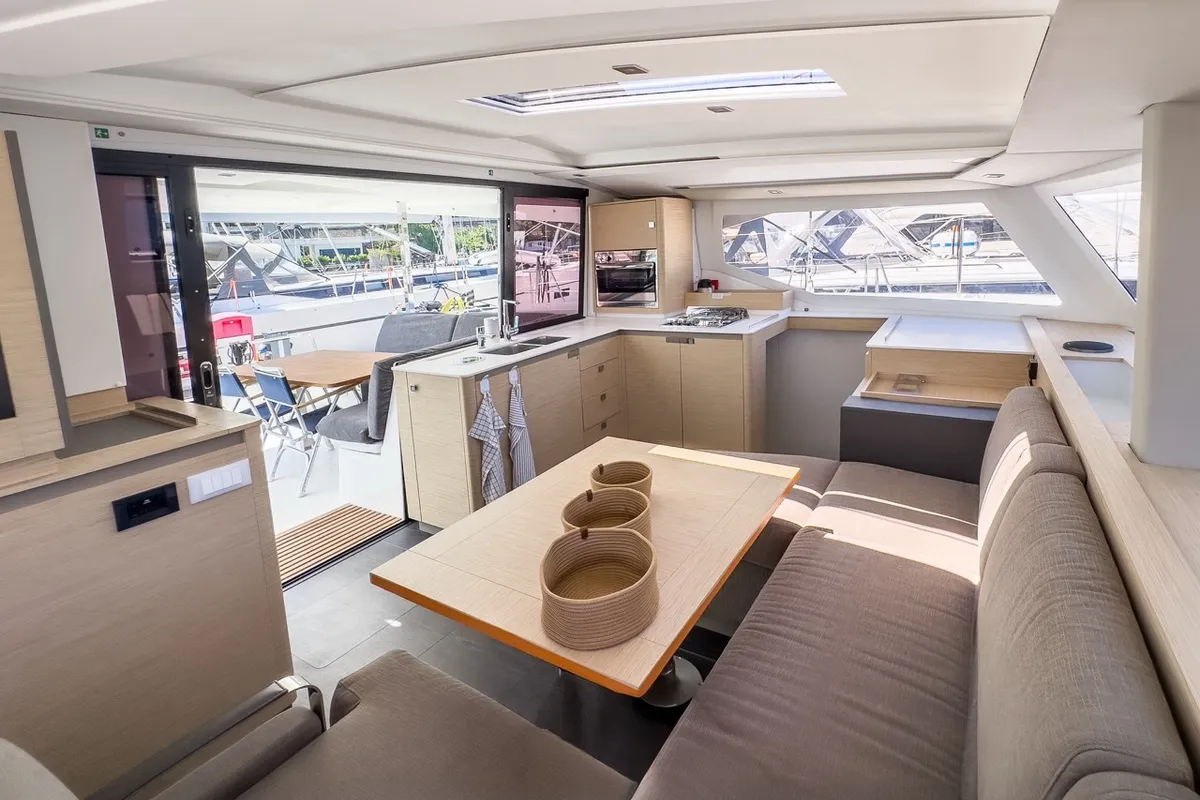 Salon of Portofino, a Fountaine Pajot Isla 40 catamaran at Fethiye, Turkey