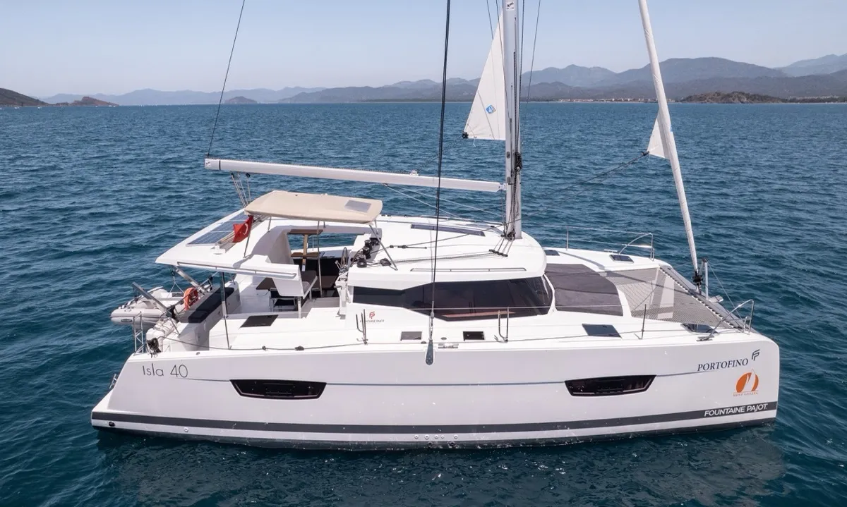 Exterior view of Portofino, a Fountaine Pajot Isla 40 catamaran at Fethiye, Turkey