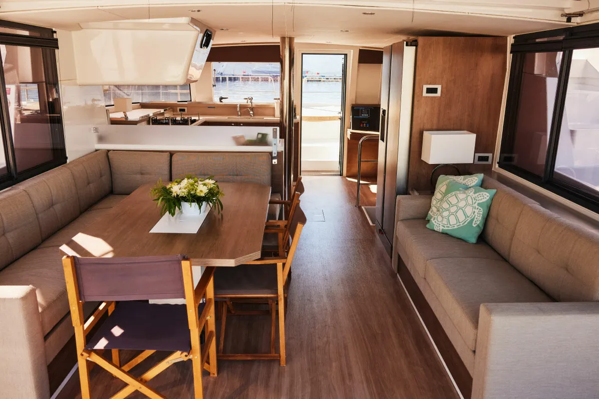 Salon of Ediba Libra, a Bali 4.4 catamaran at Marmaris, Turkey