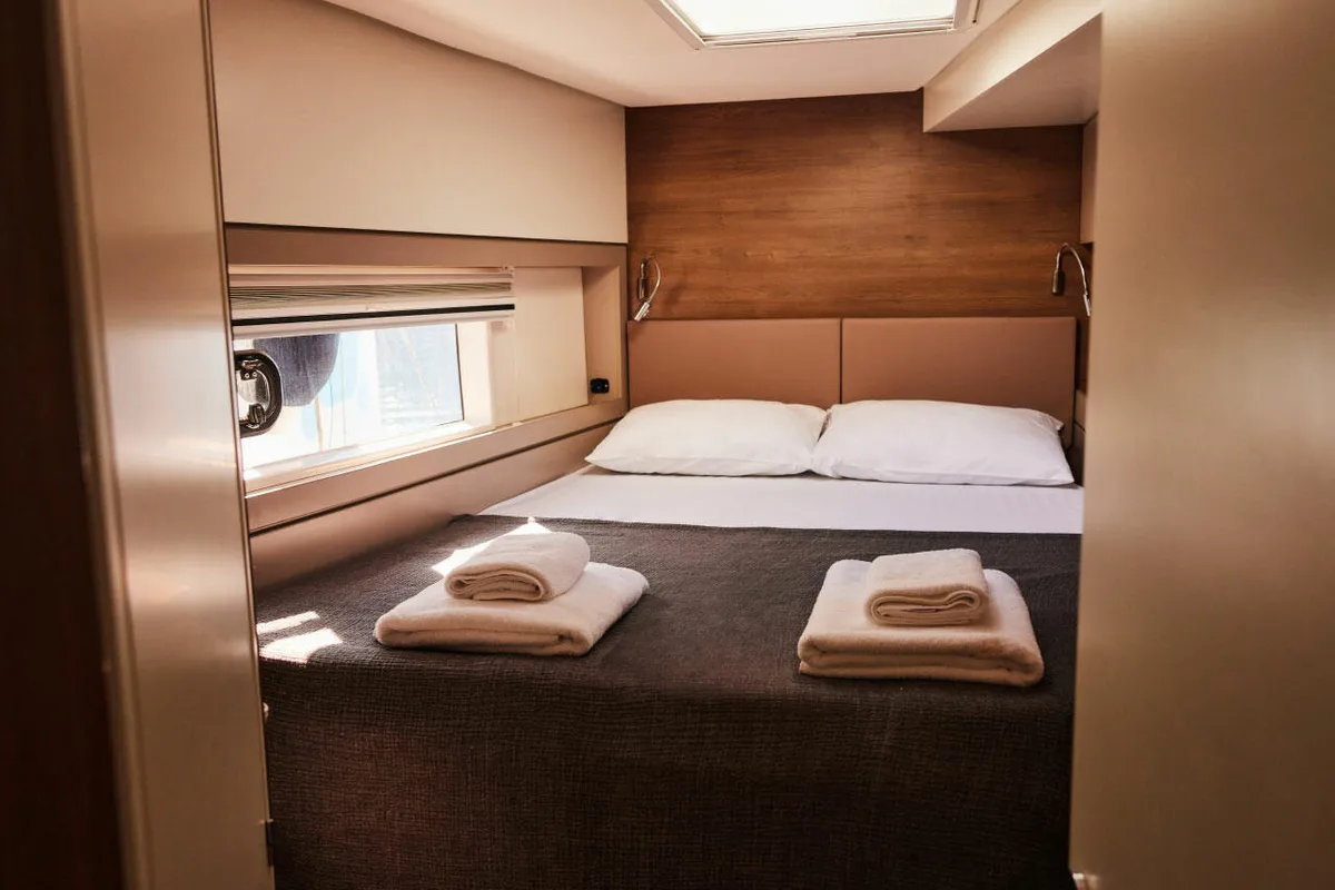 Cabin on Ediba Libra, a Bali 4.4 catamaran at Marmaris, Turkey