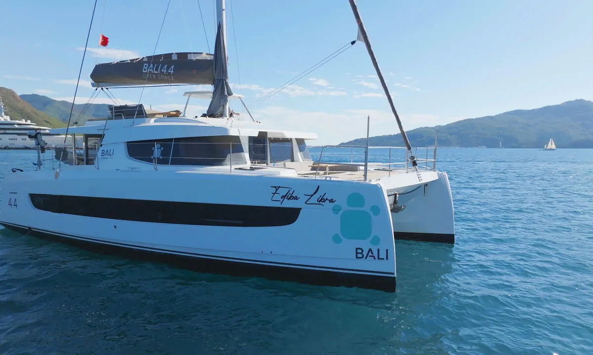 Exterior view of Ediba Libra, a Bali 4.4 catamaran at Marmaris, Turkey