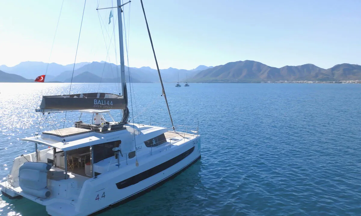 Exterior view of Ediba Libra, a Bali 4.4 catamaran at Marmaris, Turkey
