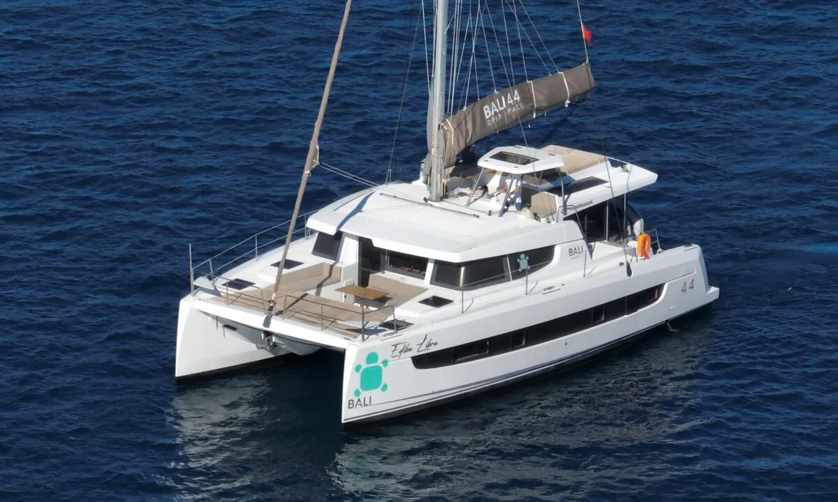 Exterior view of Ediba Libra, a Bali 4.4 catamaran at Marmaris, Turkey
