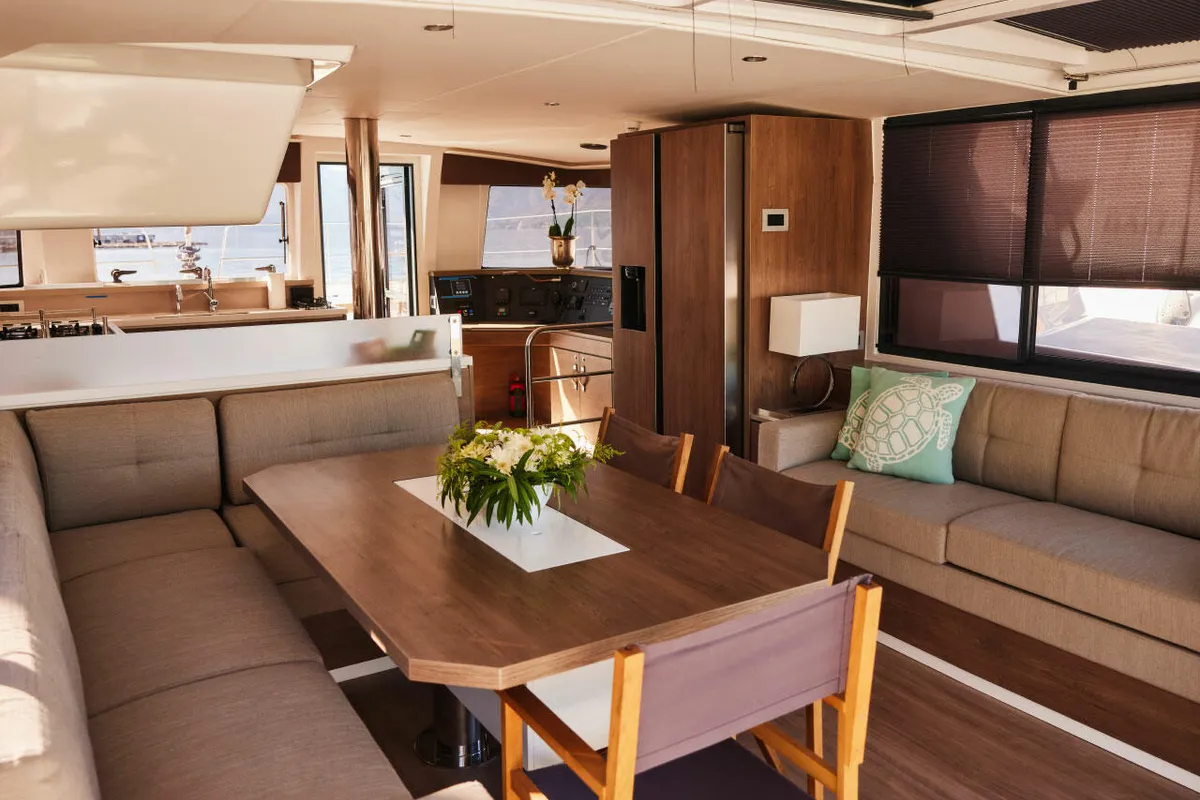 Salon of Ediba Libra, a Bali 4.4 catamaran at Marmaris, Turkey