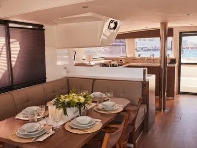 Salon of Ediba Libra, a Bali 4.4 catamaran at Marmaris, Turkey